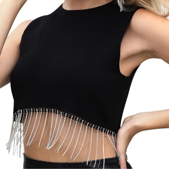 Women's Rhinestone Fringe Crop Sleeveless Round Neck Y2K Raceback Tank Top - LG - Picture 2 of 4